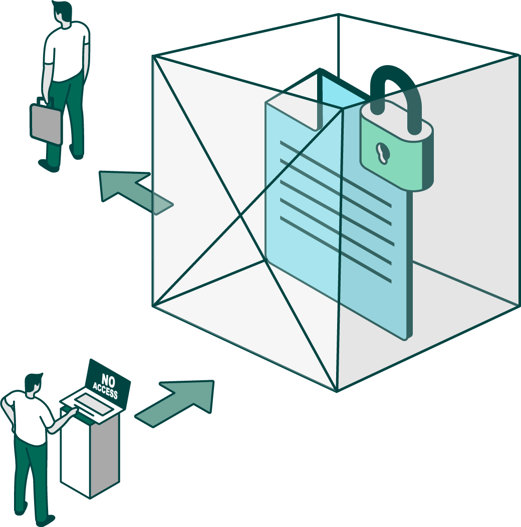 illustrated image depicting someone revoking access to a document, represented by a trasparent box containing a ducument with a padlock on the outside edge