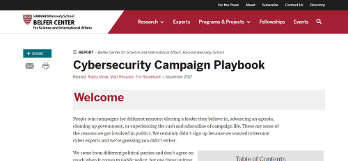 Harvard University's Belfer Center Cybersecurity Campaign Playbook