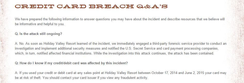 Holiday Valley Resorts Credit Card Breach FAQ