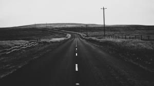 An empty, paved road on a remote countryside with a lone lightpole in the distance